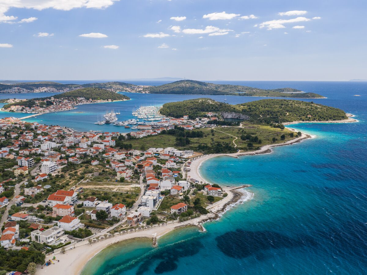 Aerial view of the Dalmatian coastline at Rogoznica with The Beachhouse on the bay