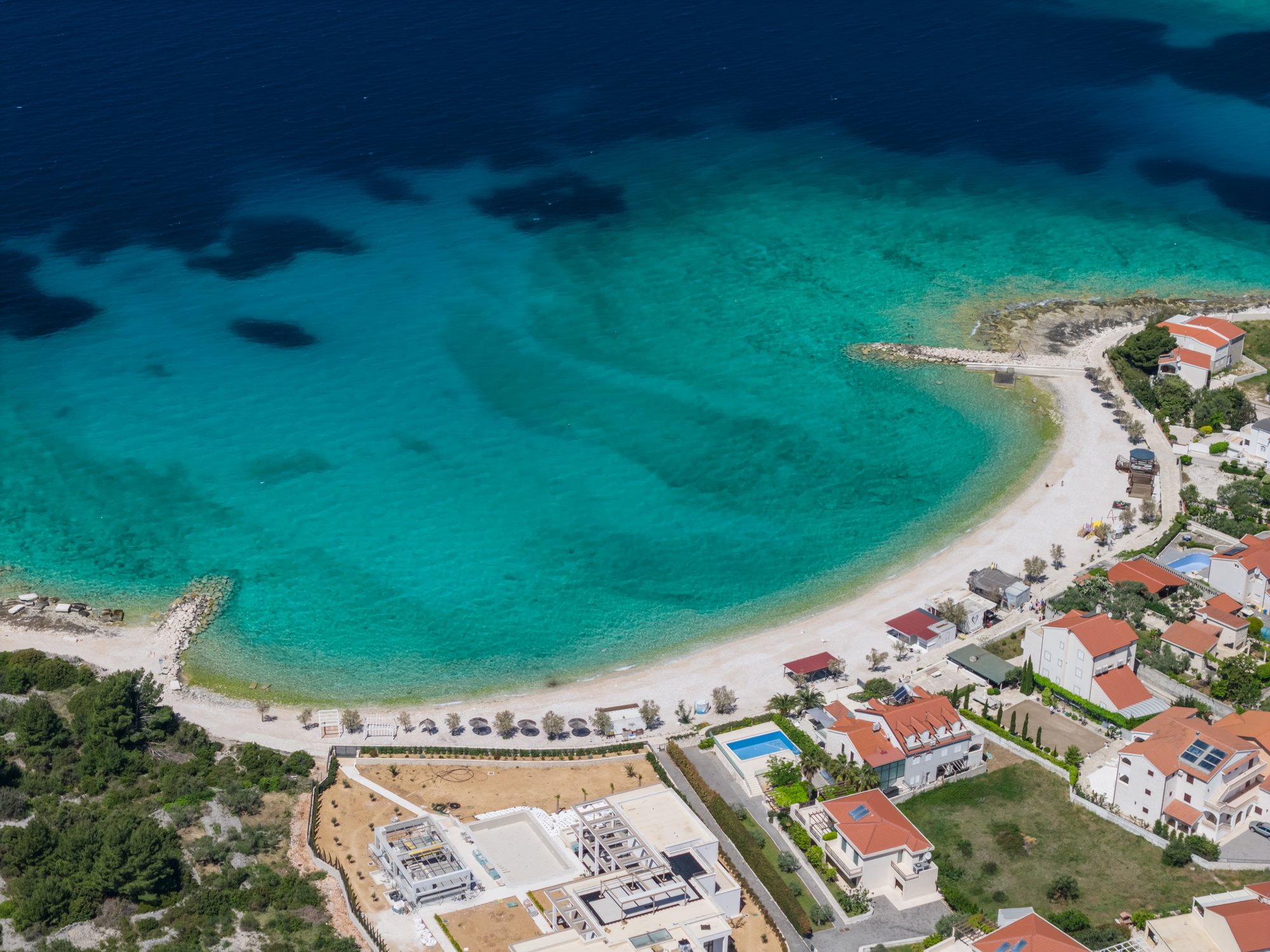 Aerial drone view of Rogoznica Croatia coast at The Beachhouse luxury beachfront villa