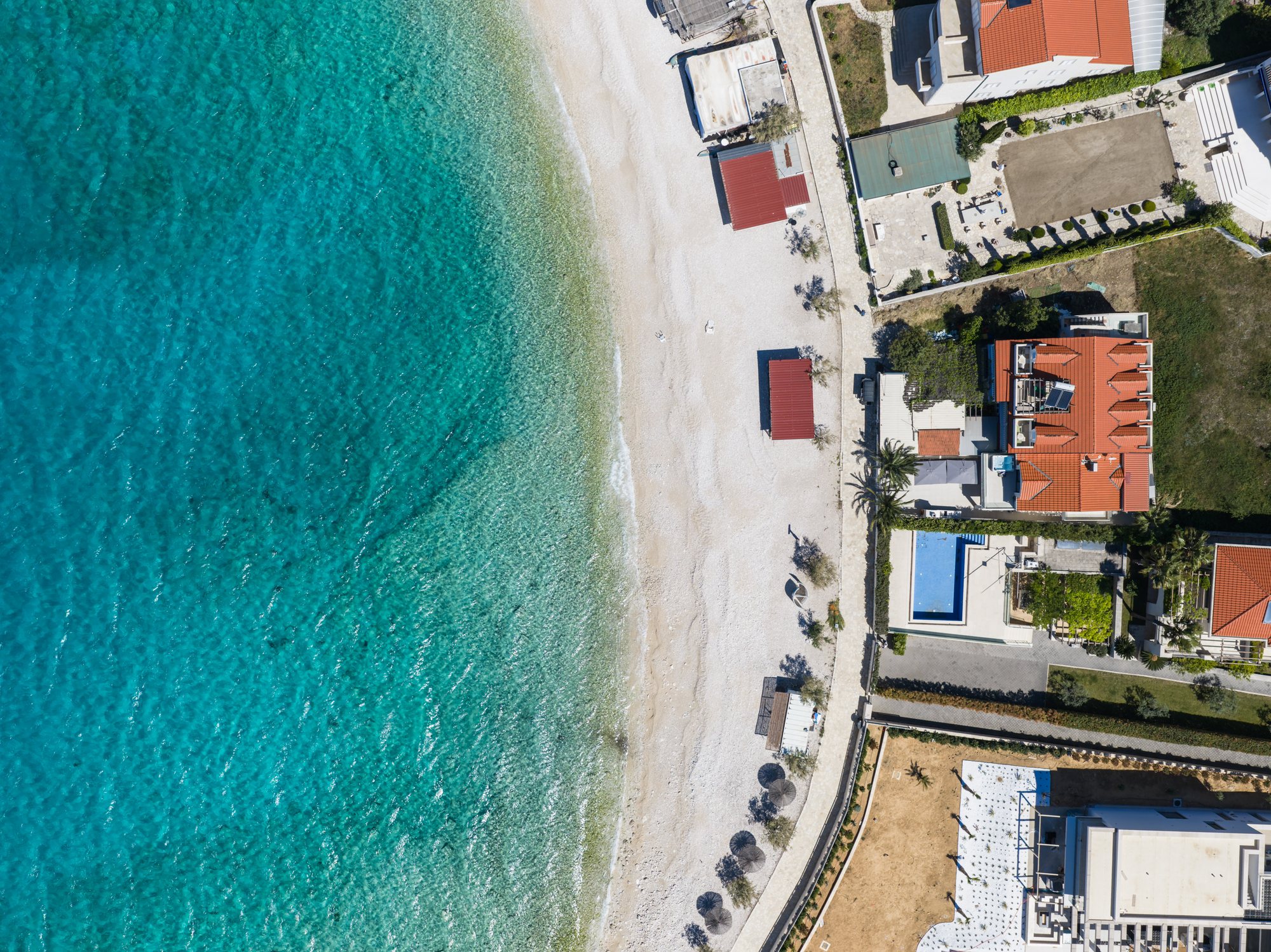 Aerial drone view of Rogoznica Croatia coast at The Beachhouse luxury beachfront villa