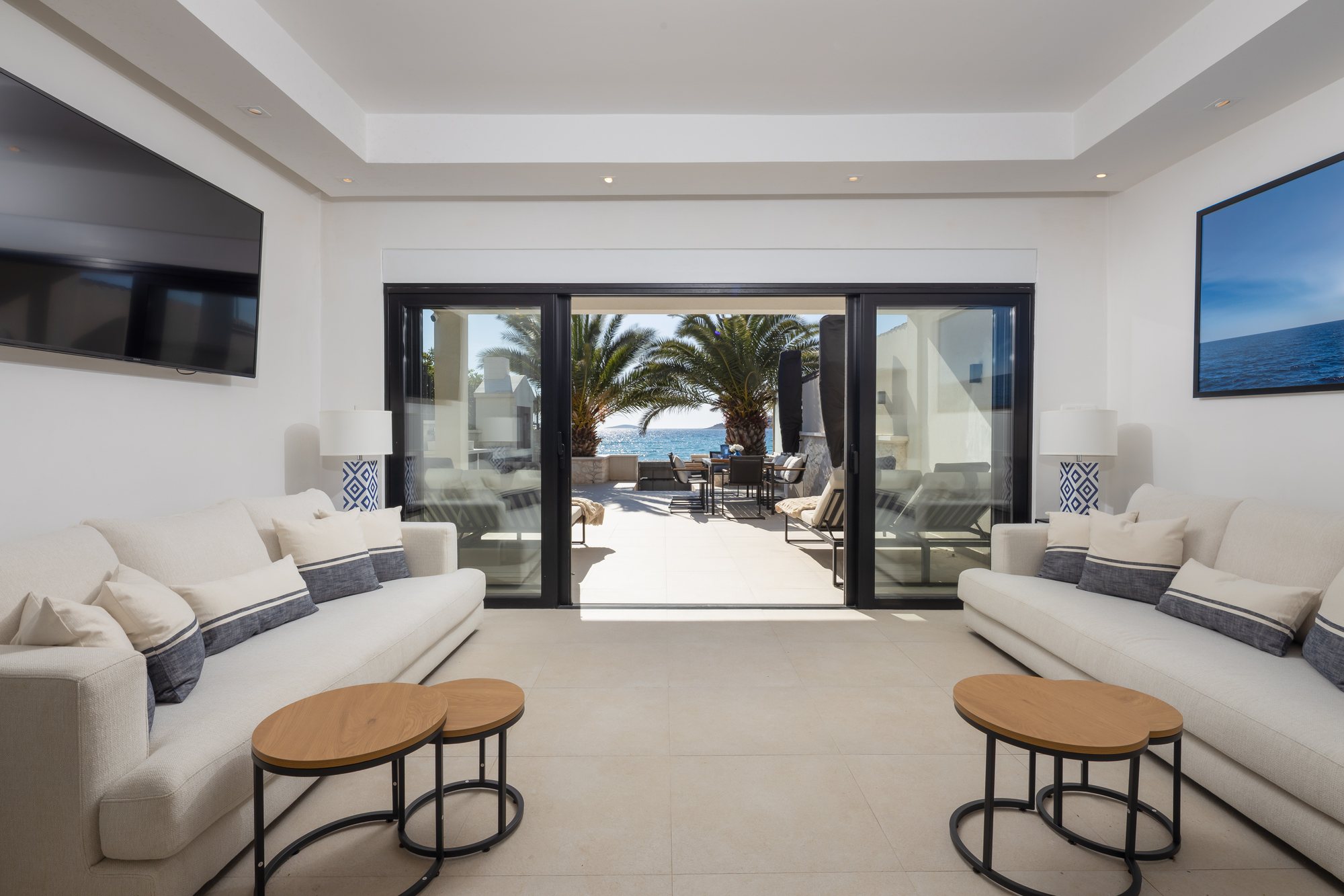 Living room, kitchen and dining at The Beachhouse Rogoznica luxury beachfront villa Croatia