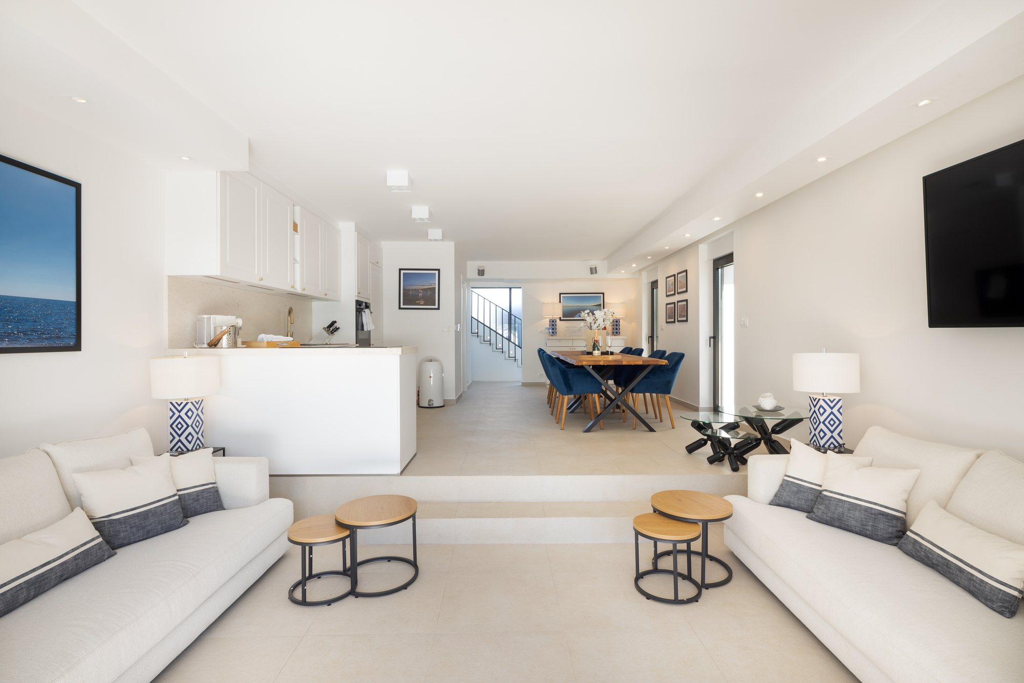 Living room, kitchen and dining at The Beachhouse Rogoznica luxury beachfront villa Croatia