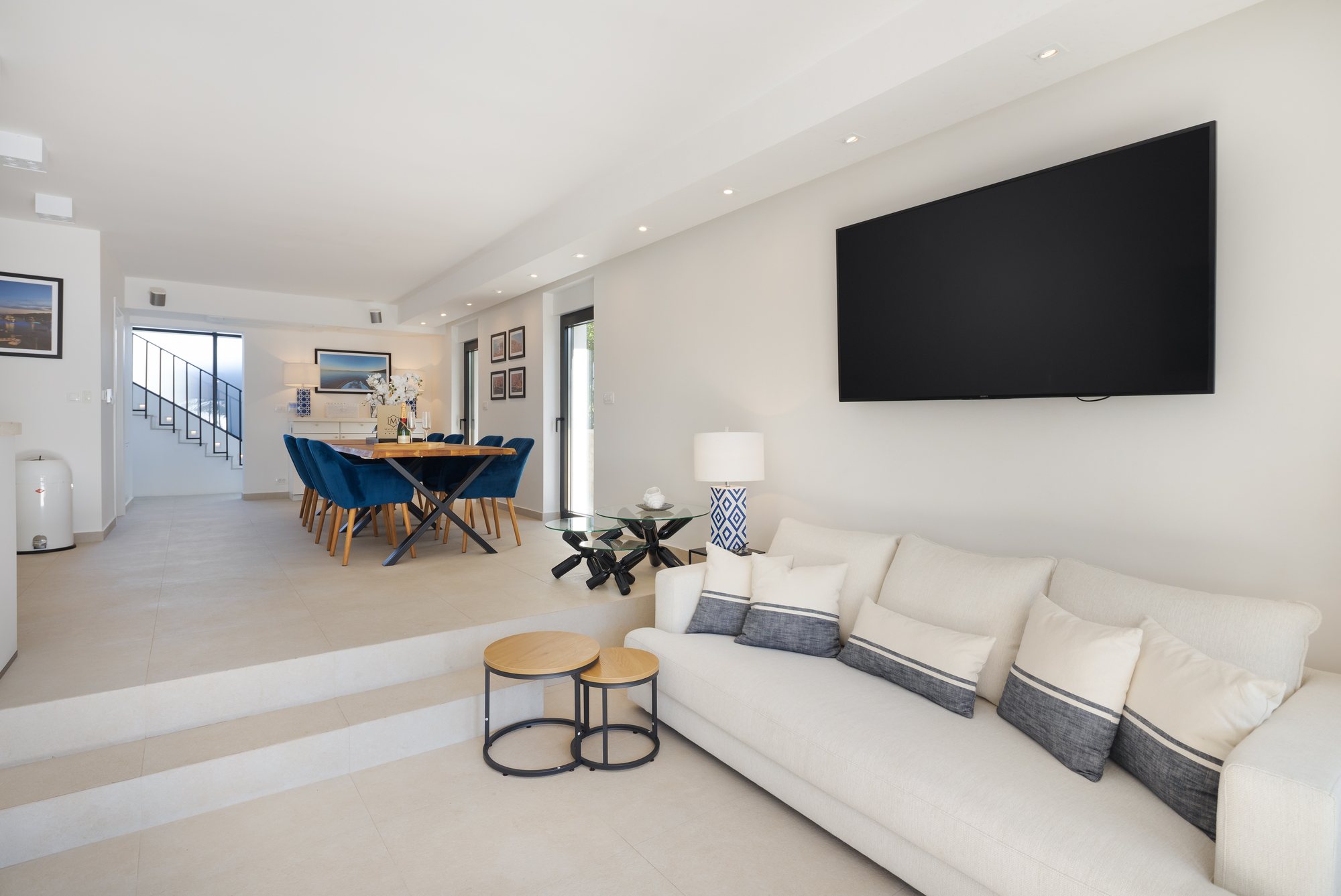 Living room, kitchen and dining at The Beachhouse Rogoznica luxury beachfront villa Croatia