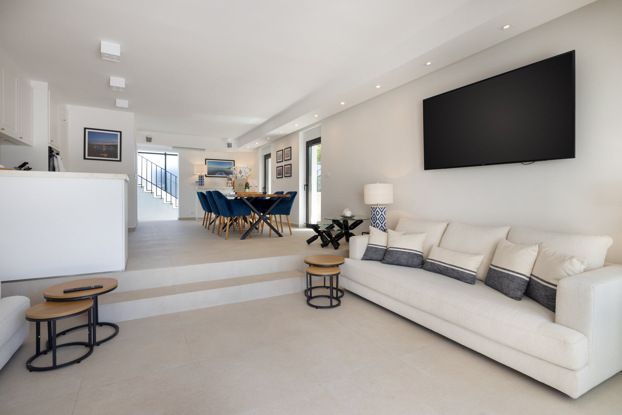 Living room, kitchen and dining at The Beachhouse Rogoznica luxury beachfront villa Croatia