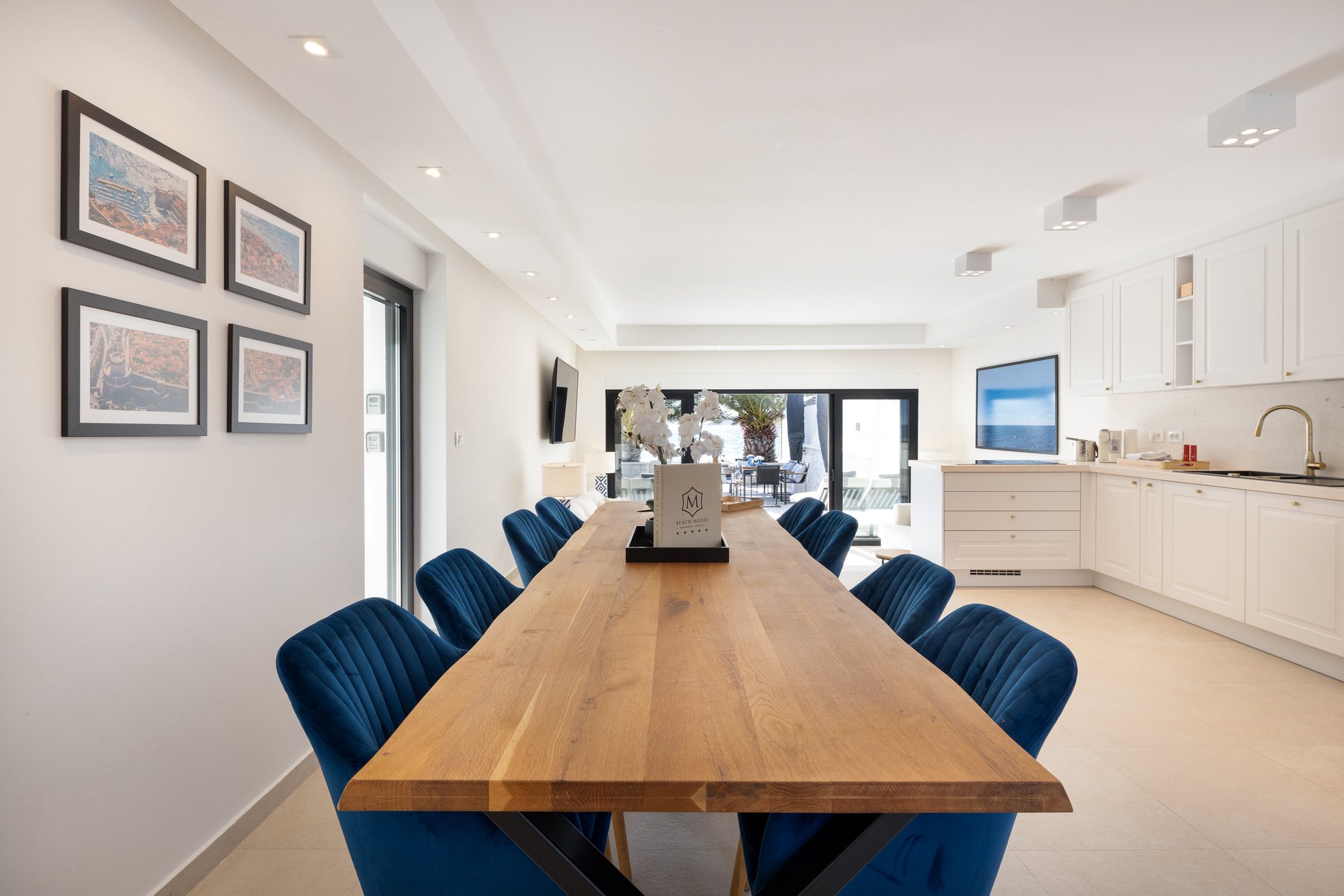 Living room, kitchen and dining at The Beachhouse Rogoznica luxury beachfront villa Croatia