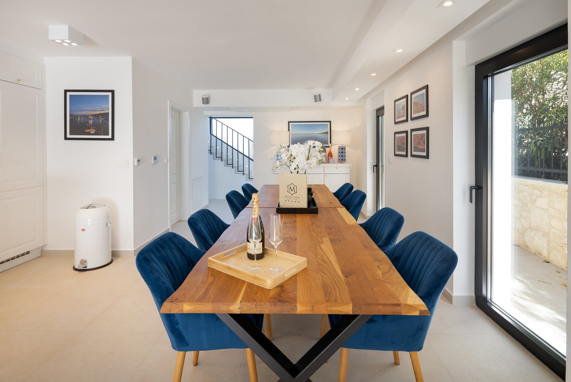 Living room, kitchen and dining at The Beachhouse Rogoznica luxury beachfront villa Croatia