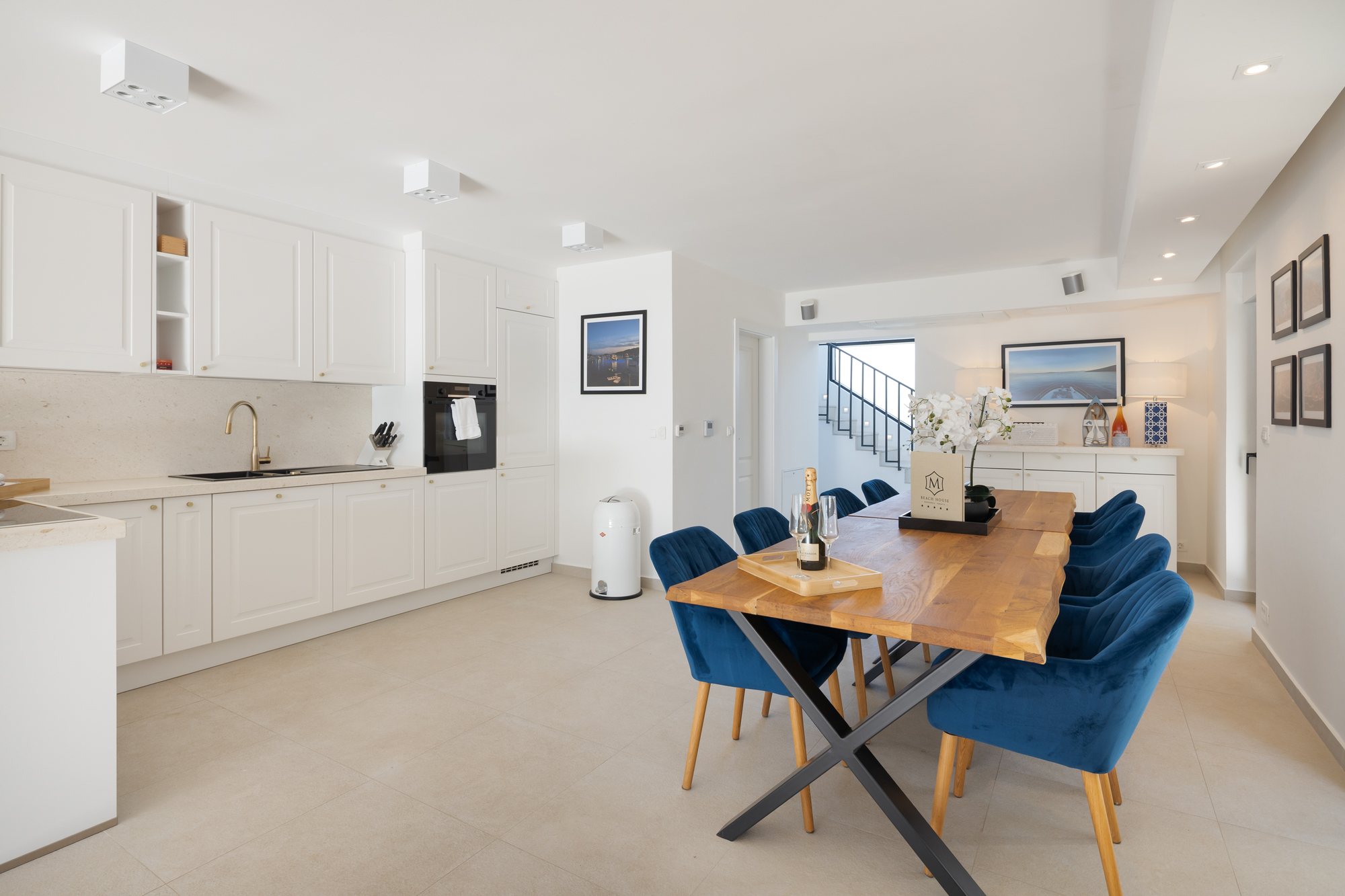 Living room, kitchen and dining at The Beachhouse Rogoznica luxury beachfront villa Croatia