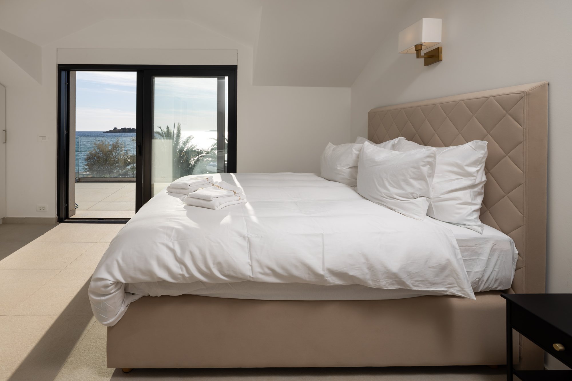 Bedroom at The Beachhouse Rogoznica luxury beachfront villa Croatia with sea view
